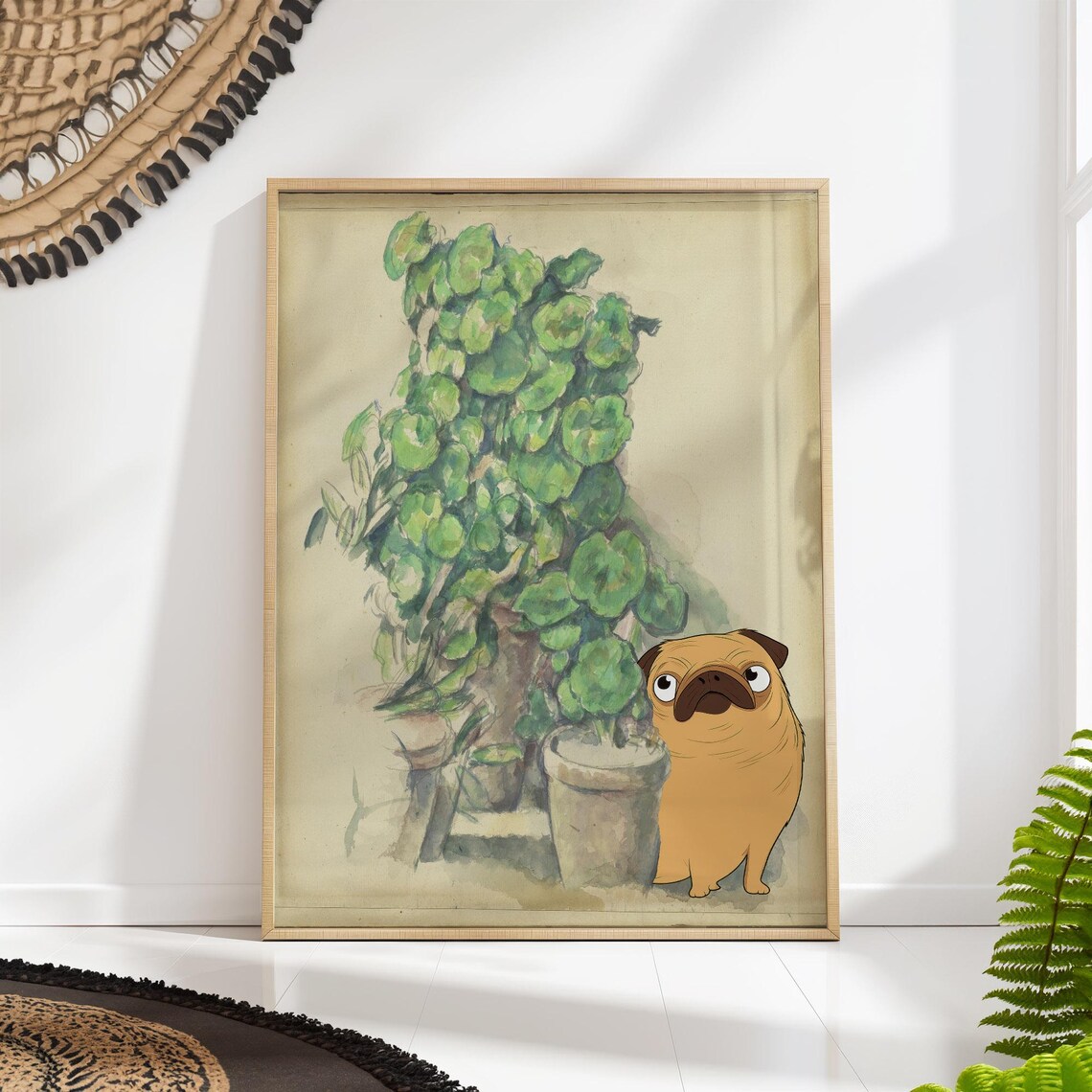 Pug With Geraniums, Cezanne Style Art Print