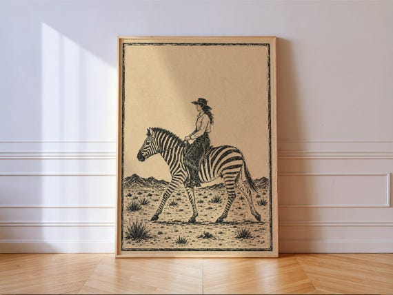 Cowgirl Riding A Zebra In The Desert Print Black Ink Linocut Western Wall Art