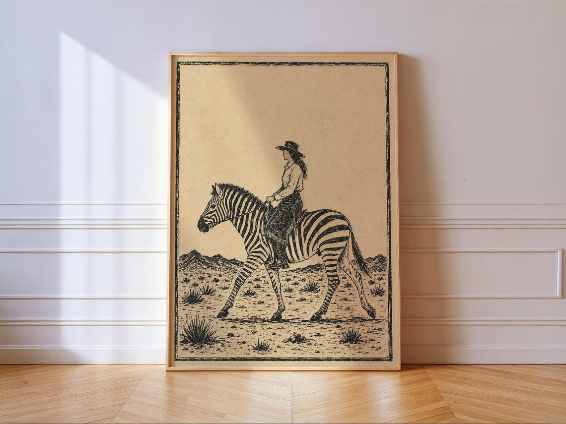 Cowgirl Riding A Zebra In The Desert Black Ink Linocut Art Poster