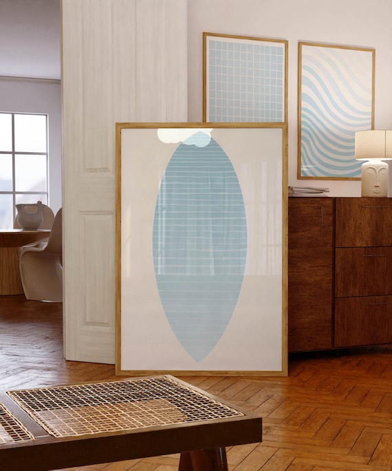 Minimal Abstract Blue Surfboard Shape Pastel Coastal Art Poster