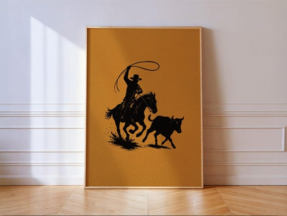 Cowboy Roping Wall Art Print Rodeo Bull Western Poster Rustic Ranch Decor