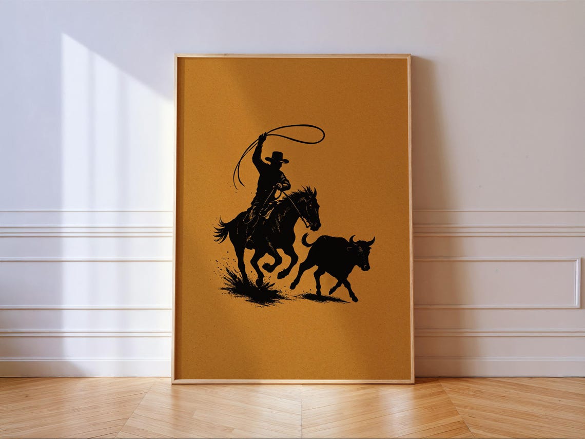 Cowboy Roping Calf Western Silhouette Rodeo Ranch Art Poster