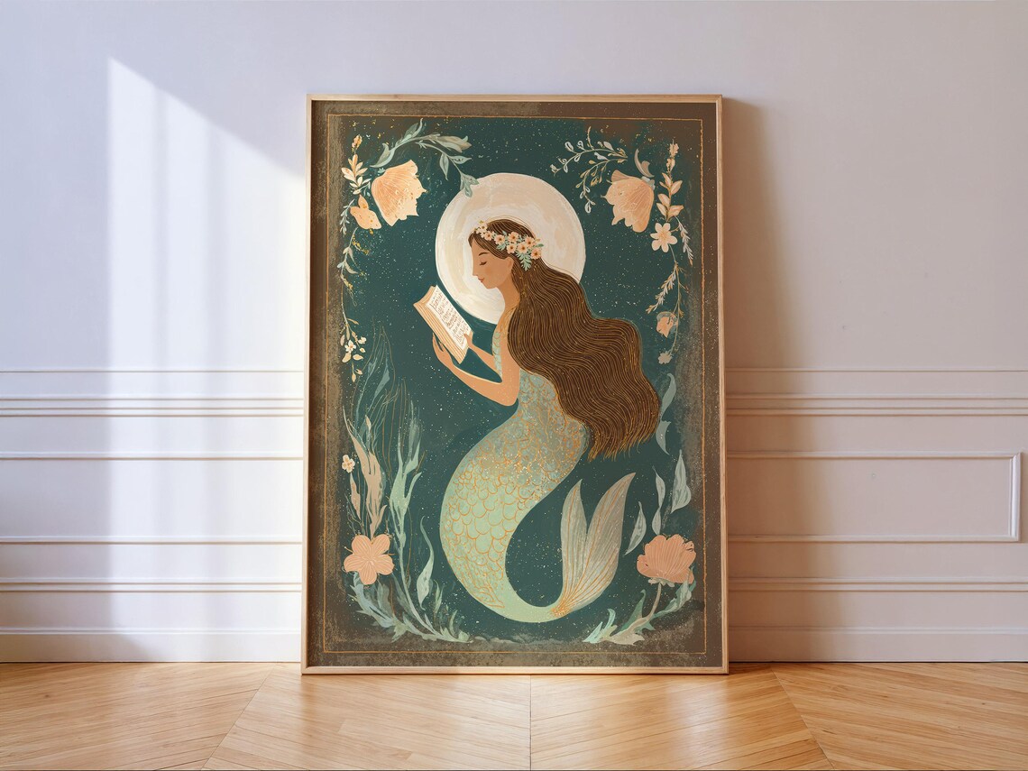 Mermaid Flower Moonlit Reading Art Print, Boho