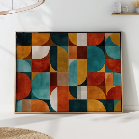 Mid Century Geometric Wall Art Print Bauhaus Abstract Poster In Teal Mustard Rust Modern Living Room Decor