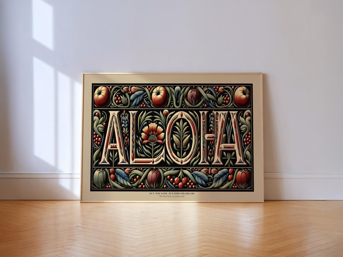 Aloha Flower Print Typography Poster, Hawaii Decor