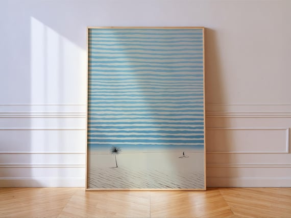 Minimal Blue Stripe Abstract Beach Palm Tree Paddleboard Poster
