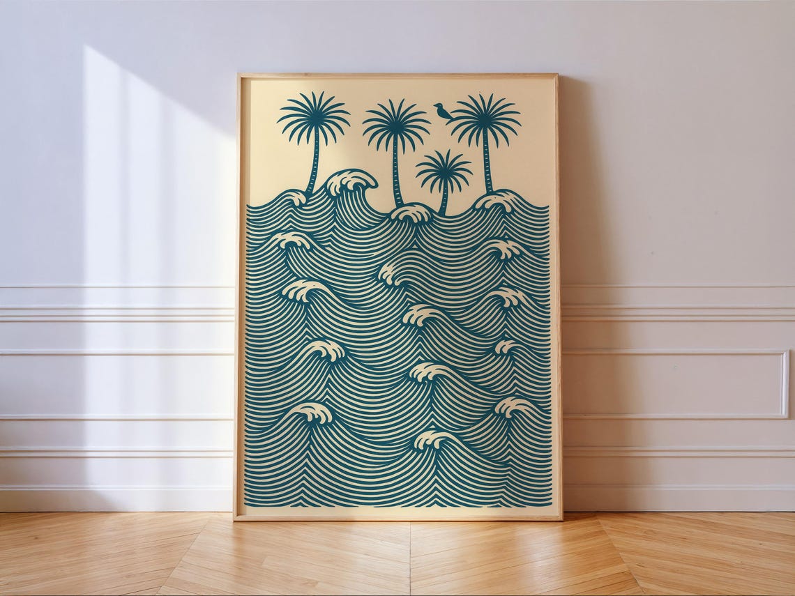 Teal Coastal Palm Wave Art Print Minimalist Beach House Decor