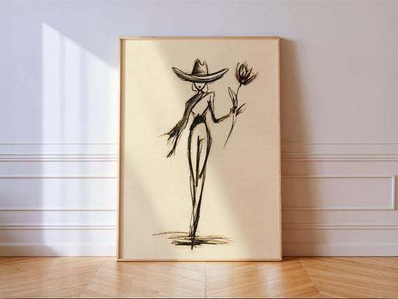 Cowgirl Flower Print Western Fashion Line Art Black Ink