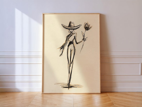 Cowgirl With Hat Holding Flower Black Ink Line Sketch Poster