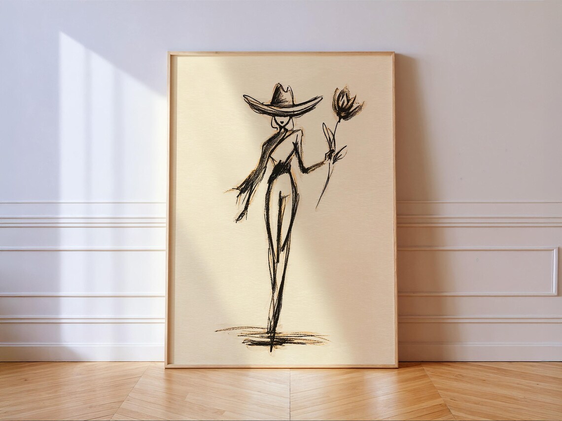 Cowgirl With Hat Holding Flower Black Ink Line Sketch Poster