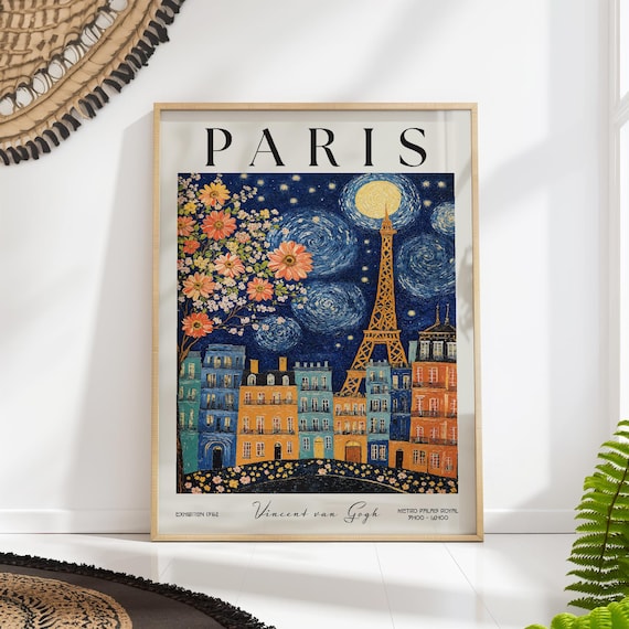 Paris Starry Night Eiffel Tower Van Gogh Exhibition 1952 Travel Poster