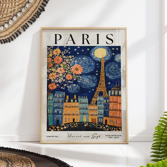 Paris Van Gogh Starry Night Print Romantic French Travel Poster Eiffel Tower Wall Art