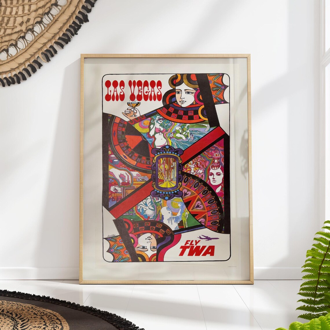 Las Vegas Fly TWA Vintage Travel Poster Queen Of Hearts Casino Artwork