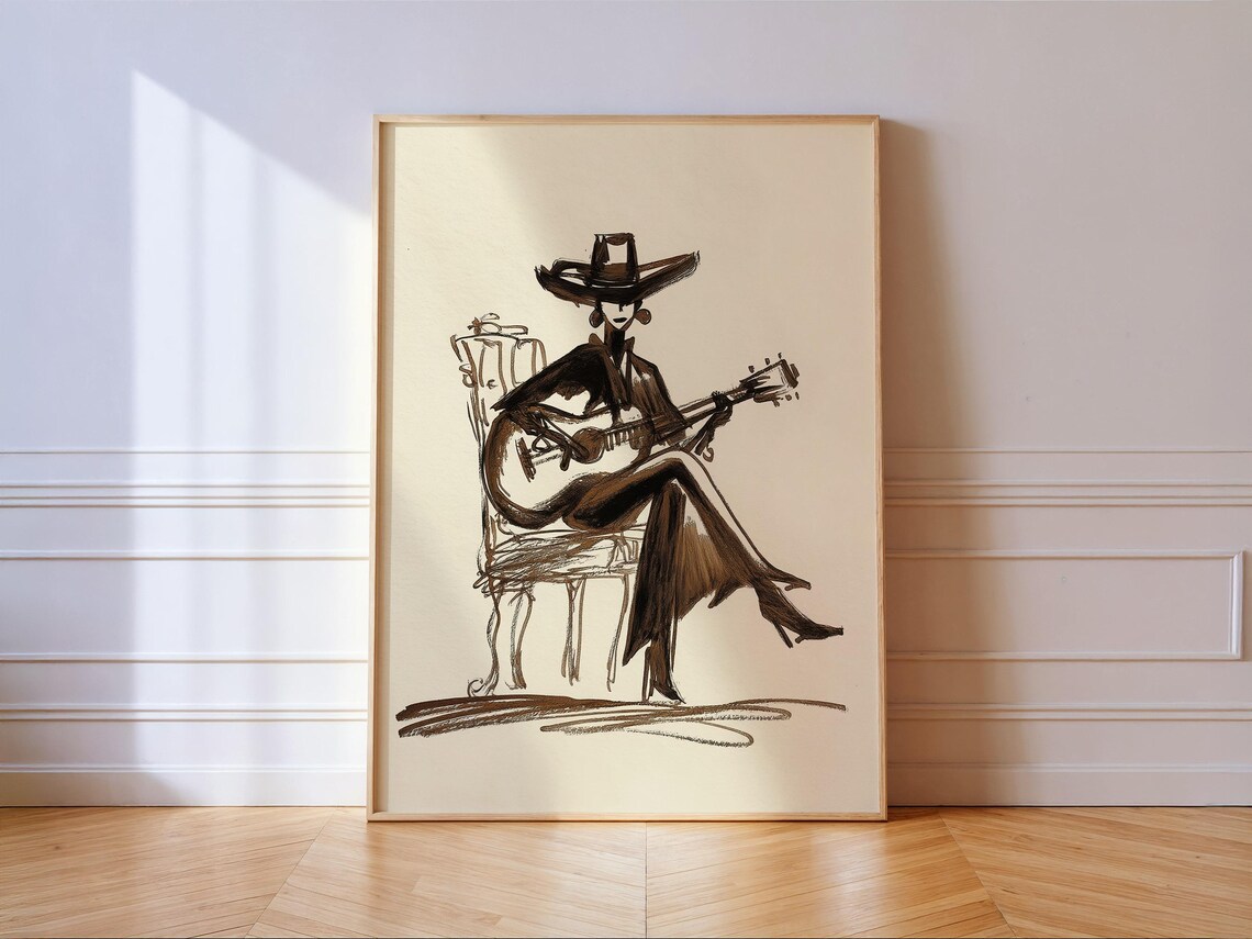 Cowboy Hat Woman Playing Guitar Expressive Ink Sketch Music Wall Art