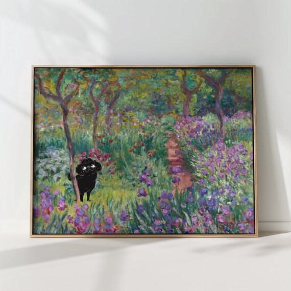 Black Poodle Art Print Monets Garden Flower Poster
