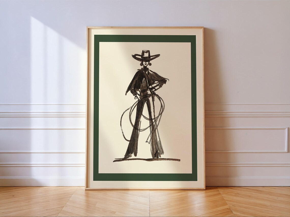 Cowgirl with Lasso Ink Sketch Bold Green Border Western Poster