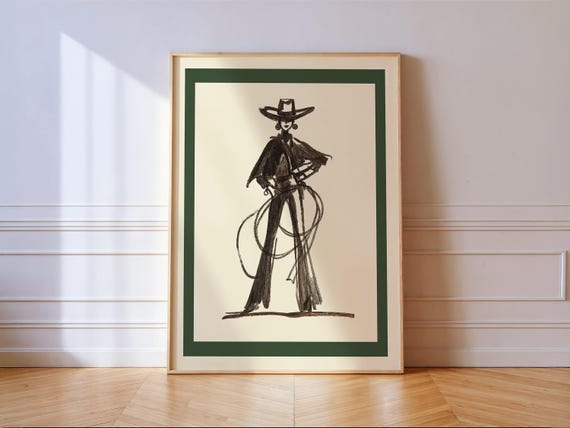 Cowgirl Wall Art Roping Western Woman Sketch Print Green Border