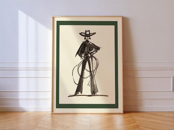 Cowgirl with Lasso Ink Sketch Bold Green Border Western Poster