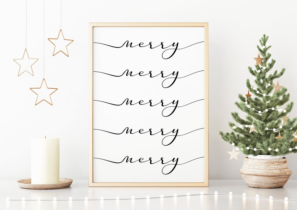 Merry Repeated Script Black White Minimalist Christmas Poster