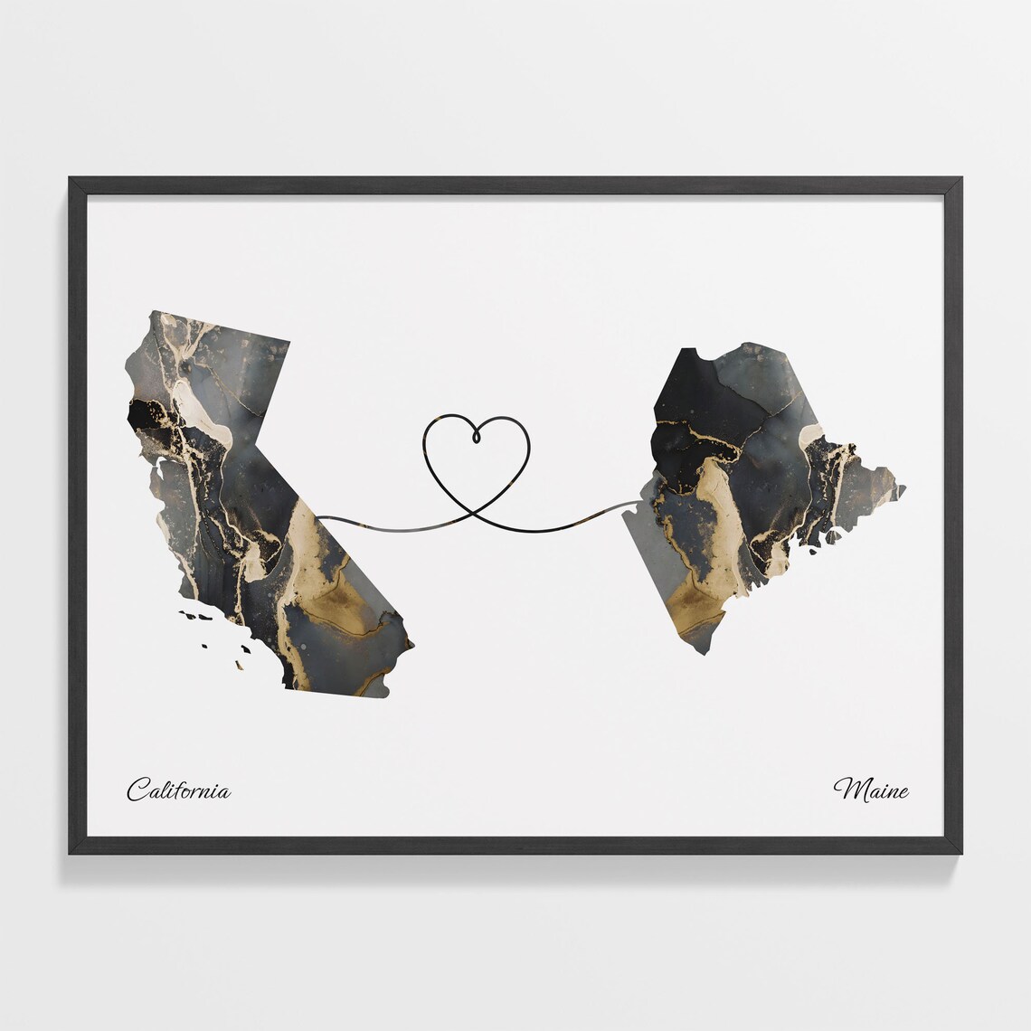 California to Maine Black Gold Marble Map Heart Line Art Poster