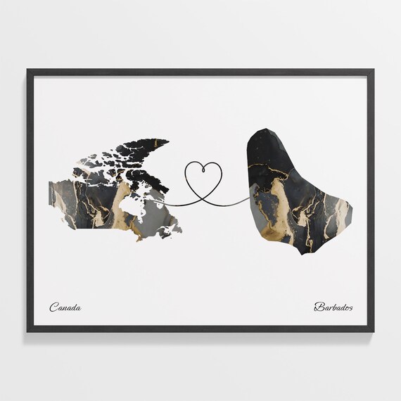 Canada To Barbados Marble Heart Map Two Country Long Distance Gift Poster