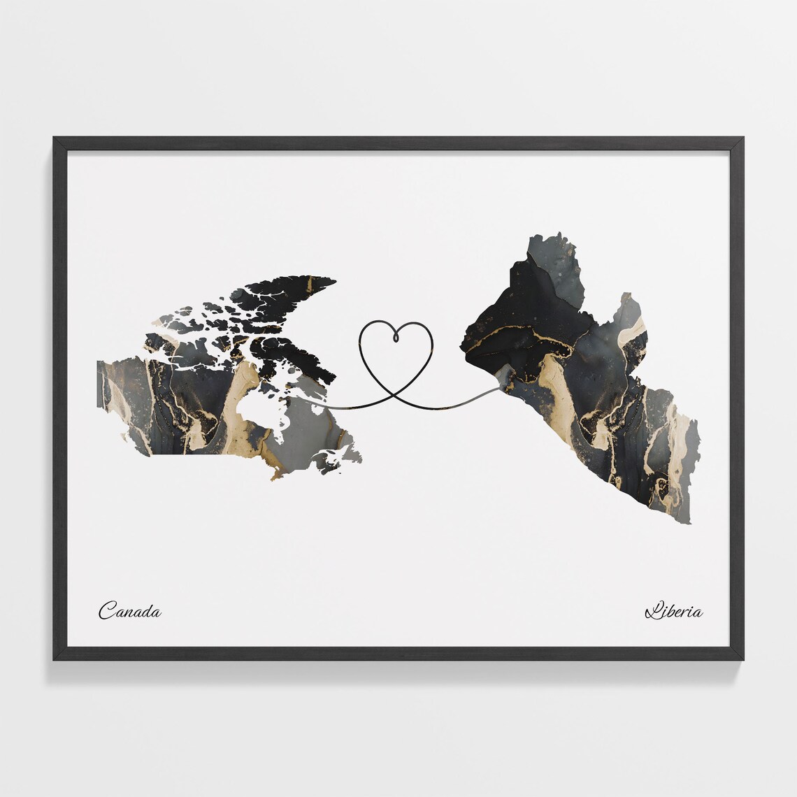 Canada To Liberia Marble Heart Map Two Country Long Distance Gift Poster