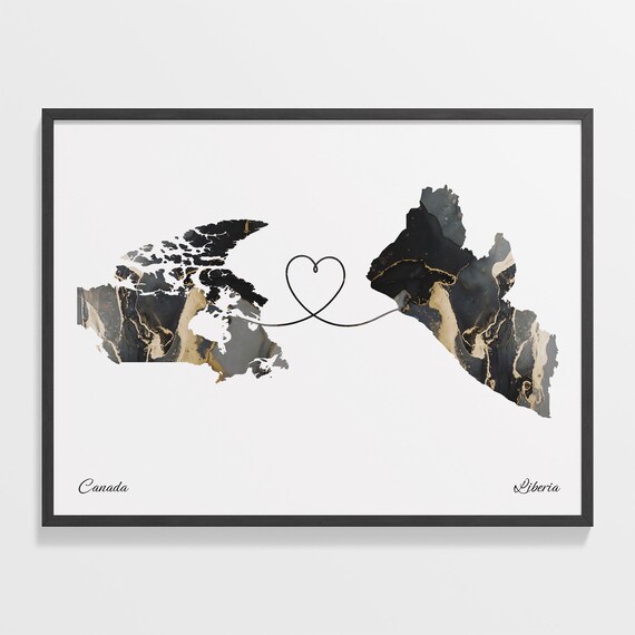Canada To Liberia Marble Heart Map Two Country Long Distance Gift Poster