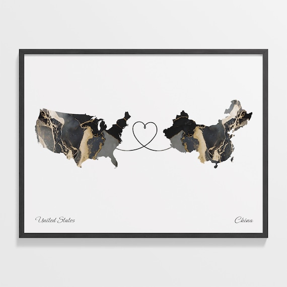 United States and China Marble Map Heart Long Distance Poster