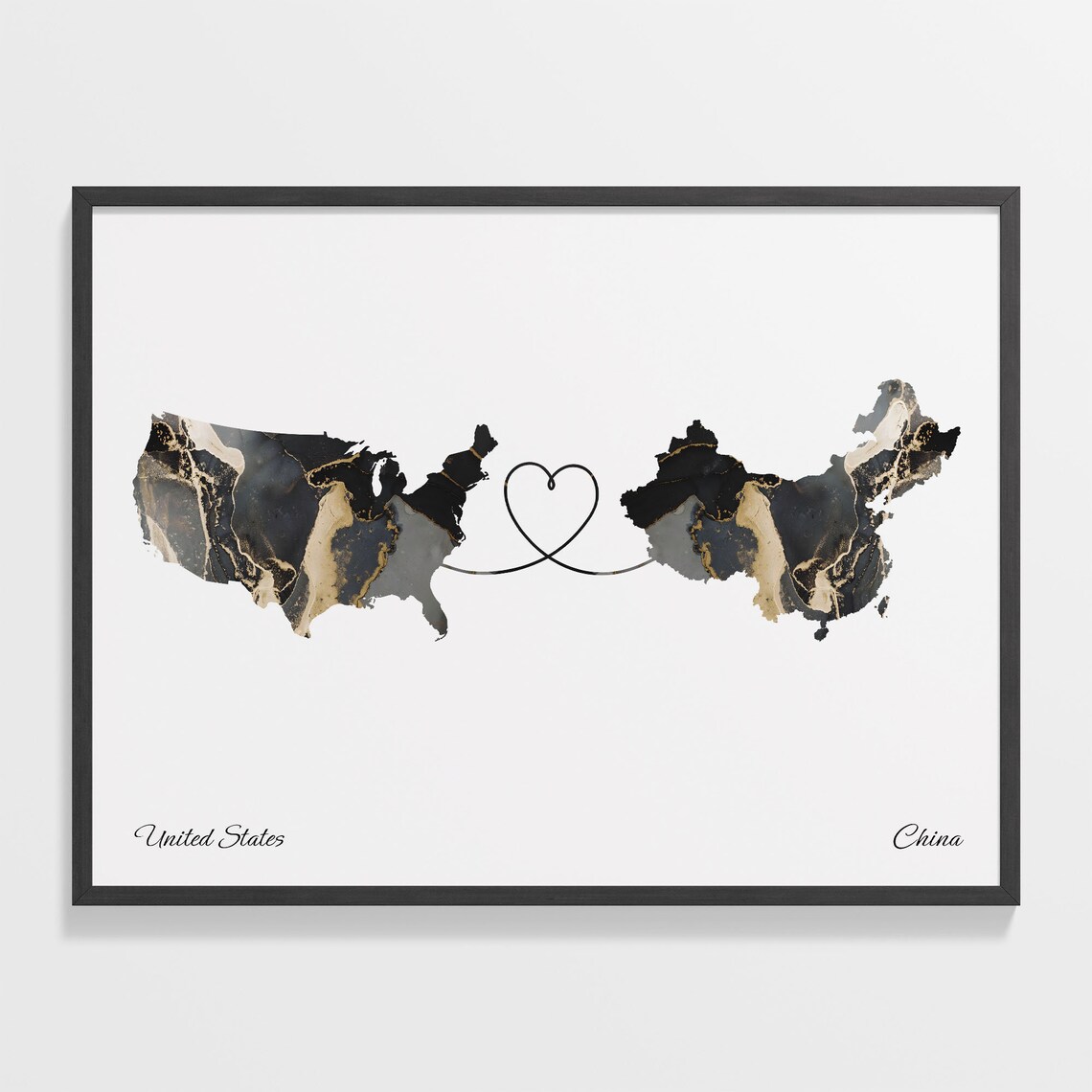 United States and China Marble Map Heart Long Distance Poster