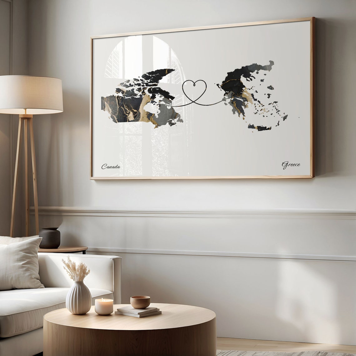 Canada to Greece Black Gold Marble Heart Connection Map Poster - Image 2