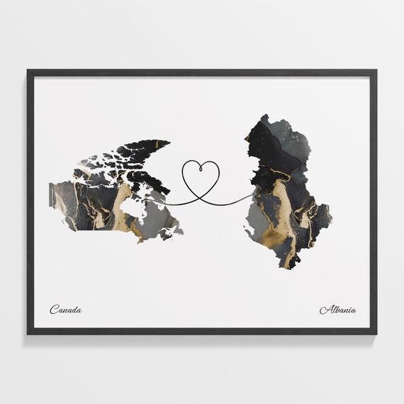 Canada to Albania Map Travel Poster, Overseas Love
