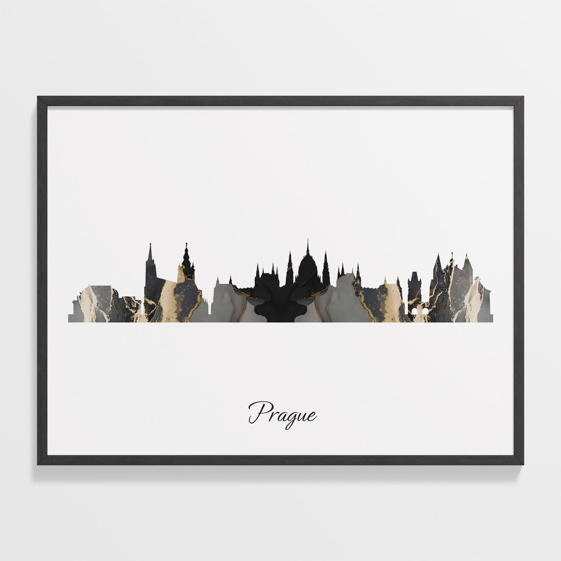 Prague Czech Republic Black Gold Marble Skyline Silhouette Poster