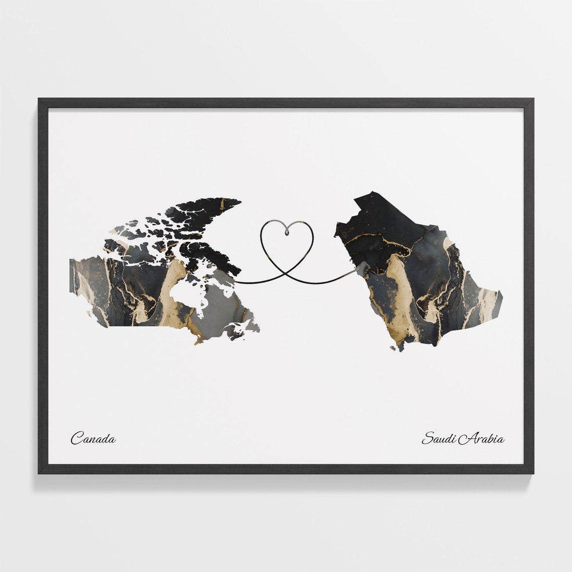 Canada to Saudi Arabia Black Gold Marble Heart Connection Map Poster