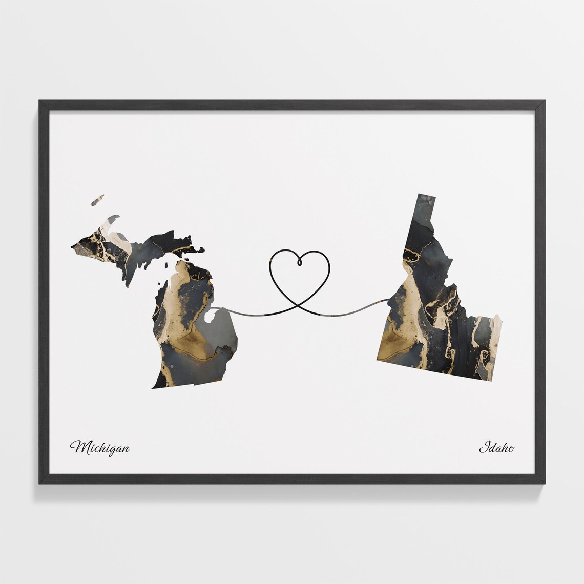 Michigan To Idaho Long Distance Marble Map Heart Print Gift Art