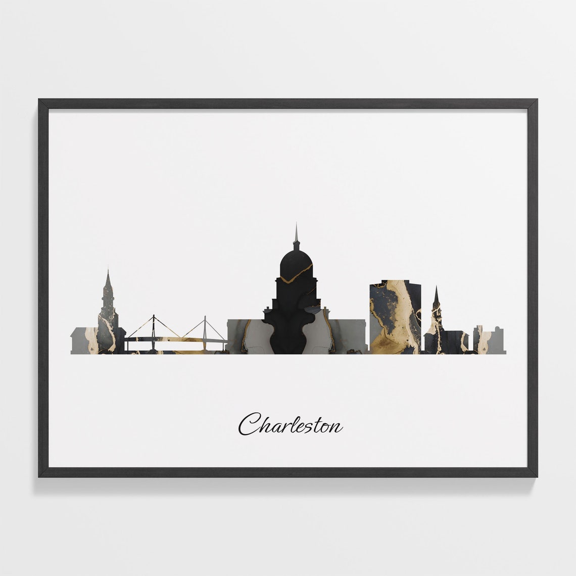 Charleston Luxury Black Gold Marble City Skyline Silhouette Poster