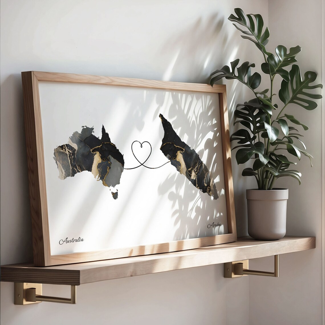 Australia To Aruba Black Gold Marble Long Distance Heart Map Poster - Image 3