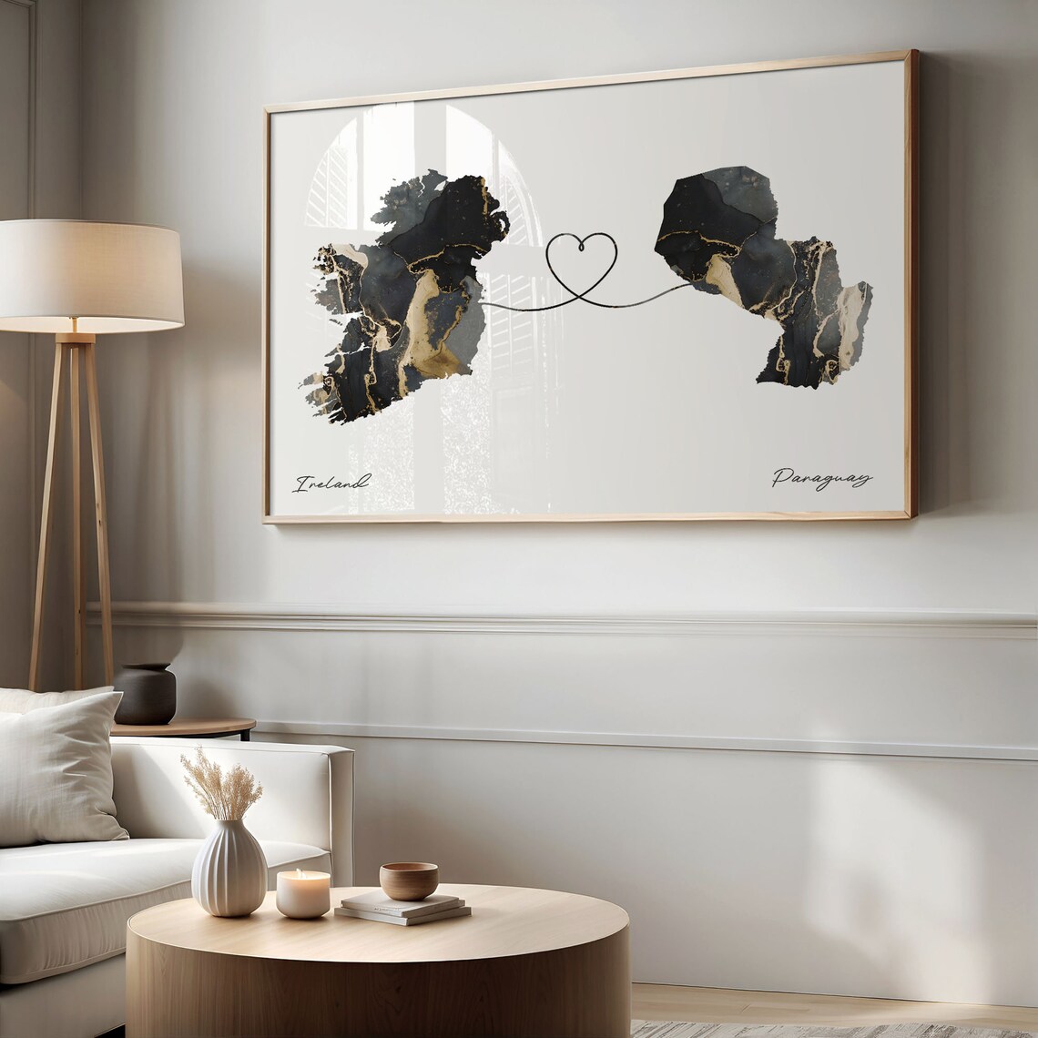 Ireland to Paraguay Black Gold Marble Map Heart Line Art Poster - Image 2