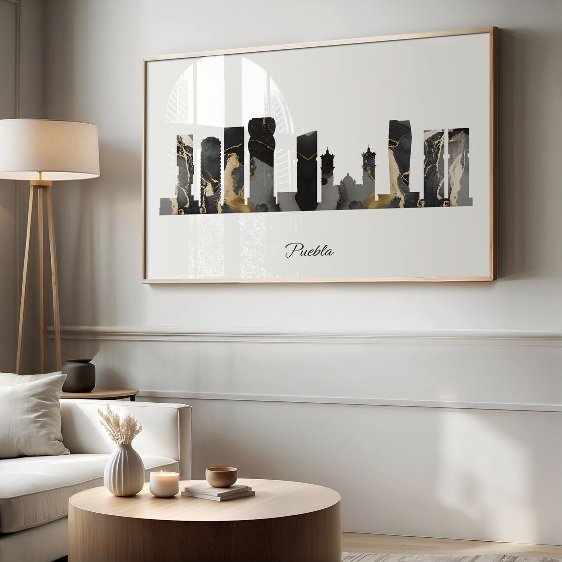 Puebla Mexico Skyline Silhouette Black Gold Marble Elegant Art Poster - Image 2