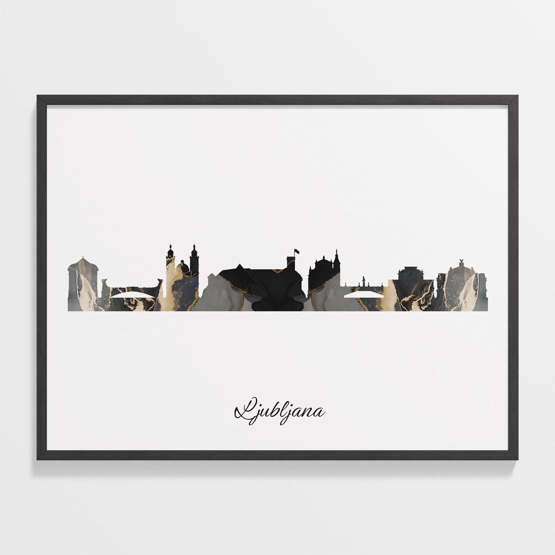 Ljubljana Black Marble Skyline Silhouette Poster Modern Cityscape Art