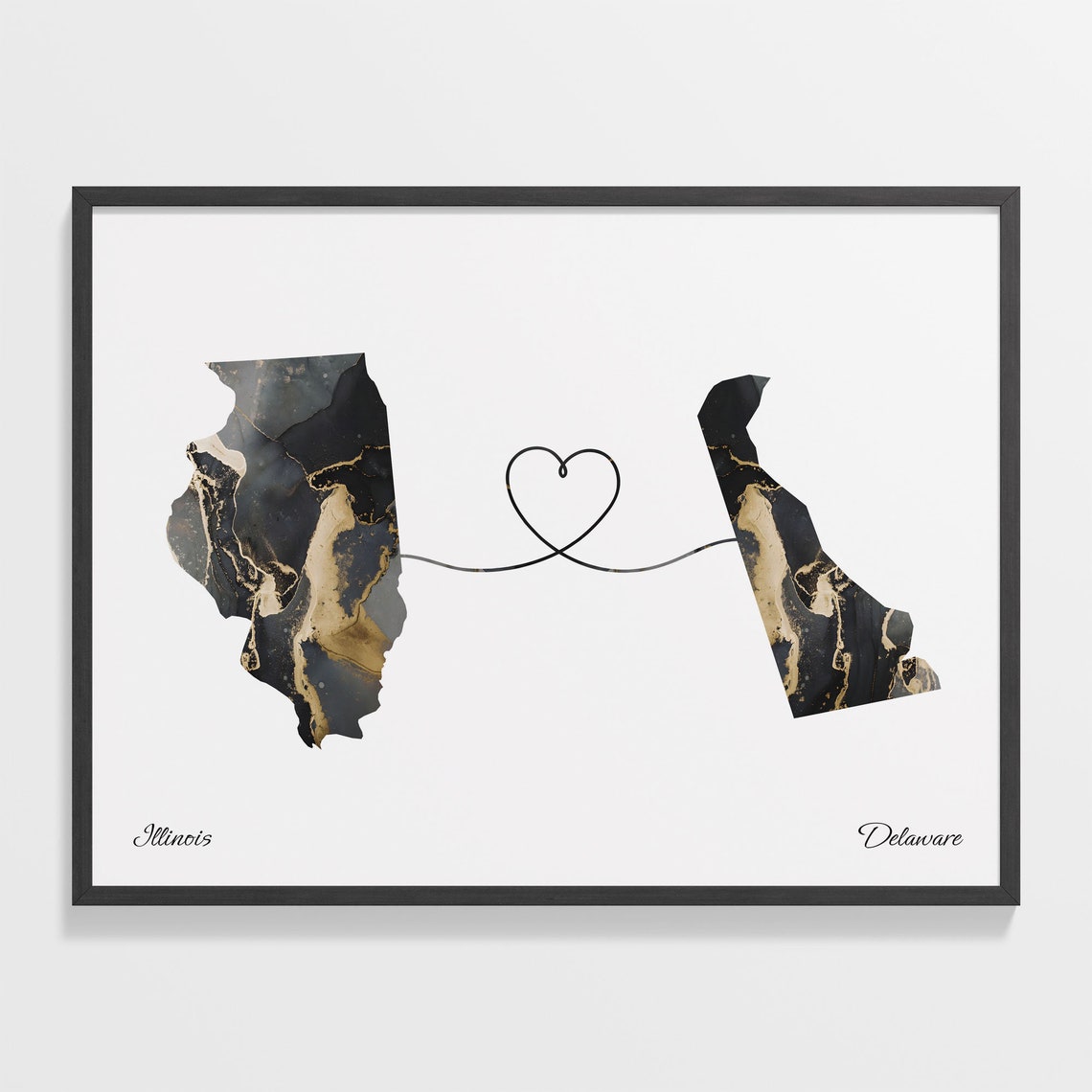 Heart Connection Illinois to Delaware Black Marble Map Poster