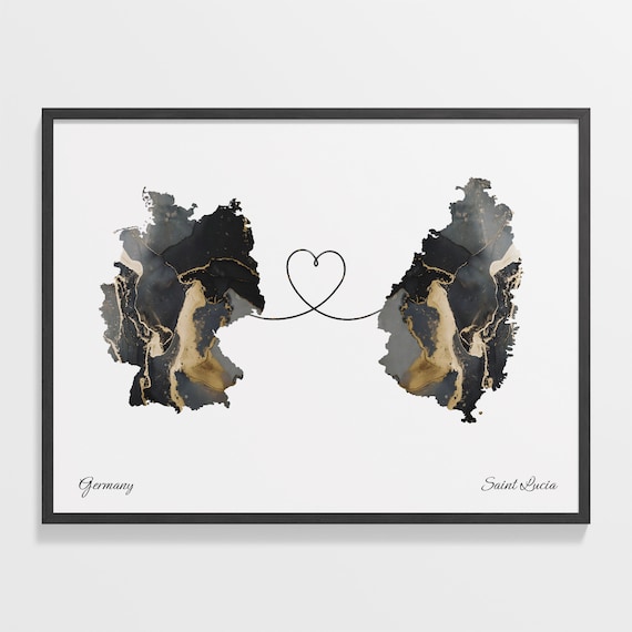 Germany and Saint Lucia Marble Heart Map Long Distance Poster
