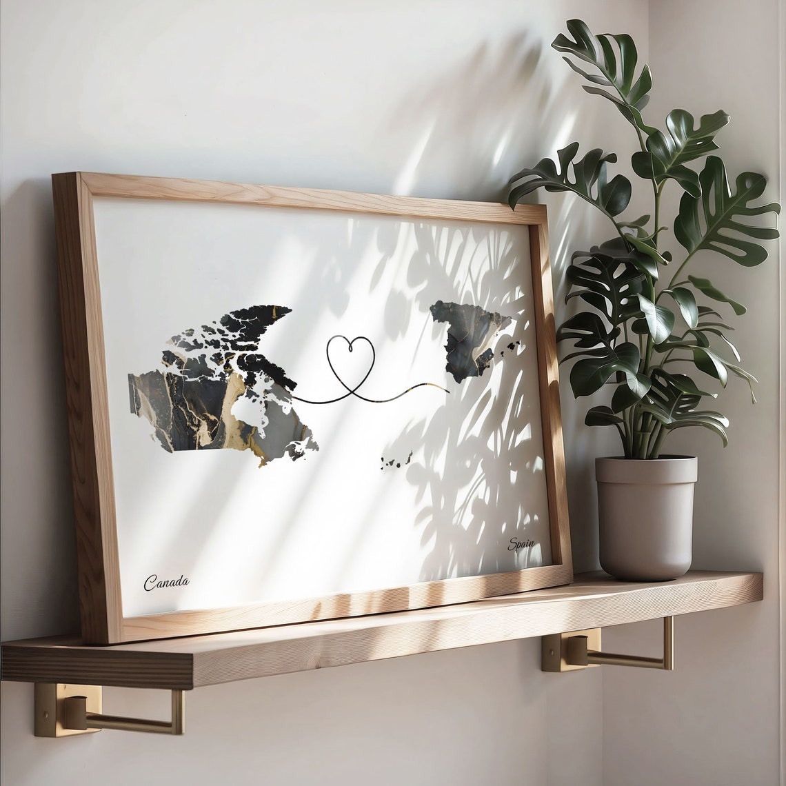 Canada To Spain Black Gold Marble Long Distance Heart Map Poster - Image 3