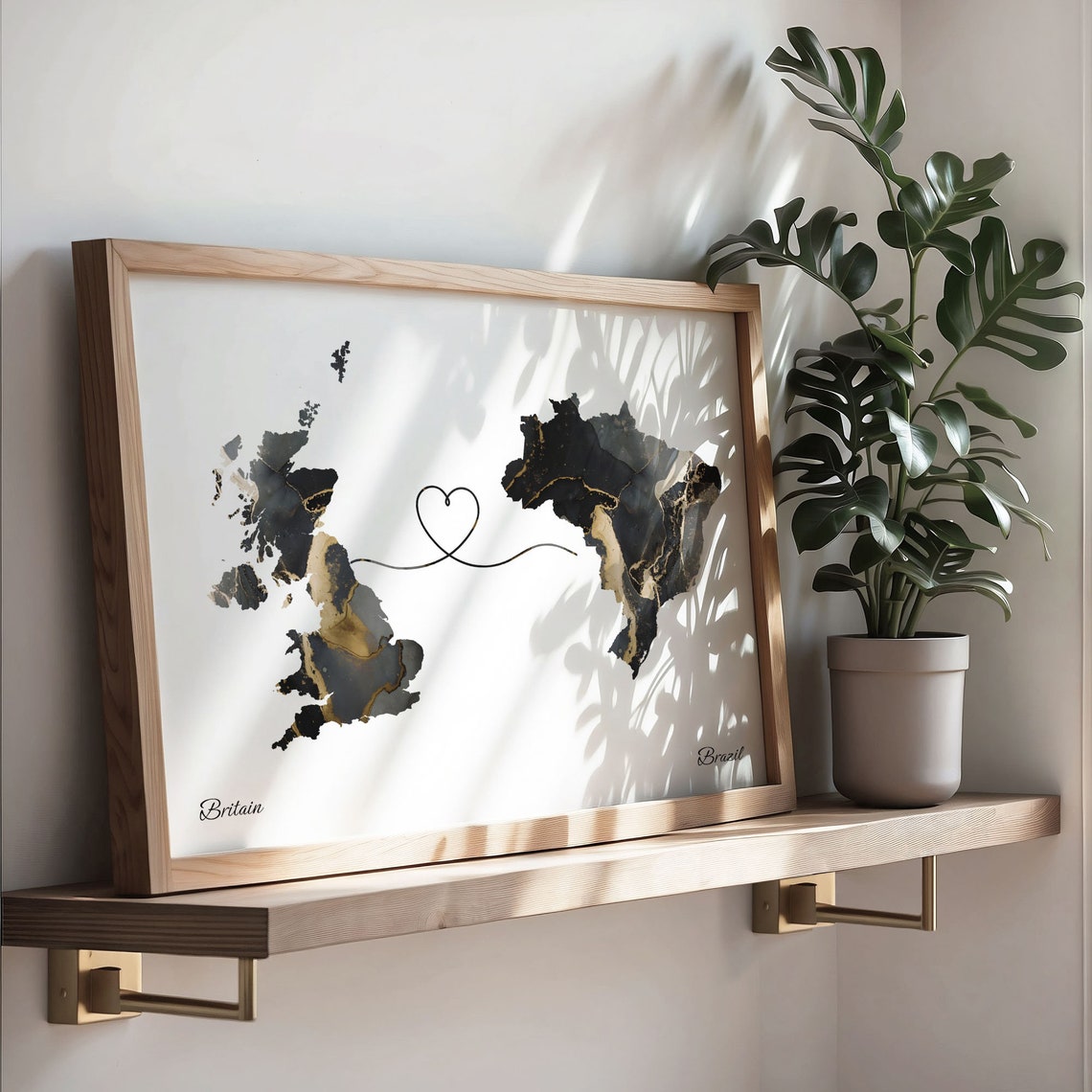 Britain to Brazil Two Country Long Distance Heart Marble Map Poster - Image 3