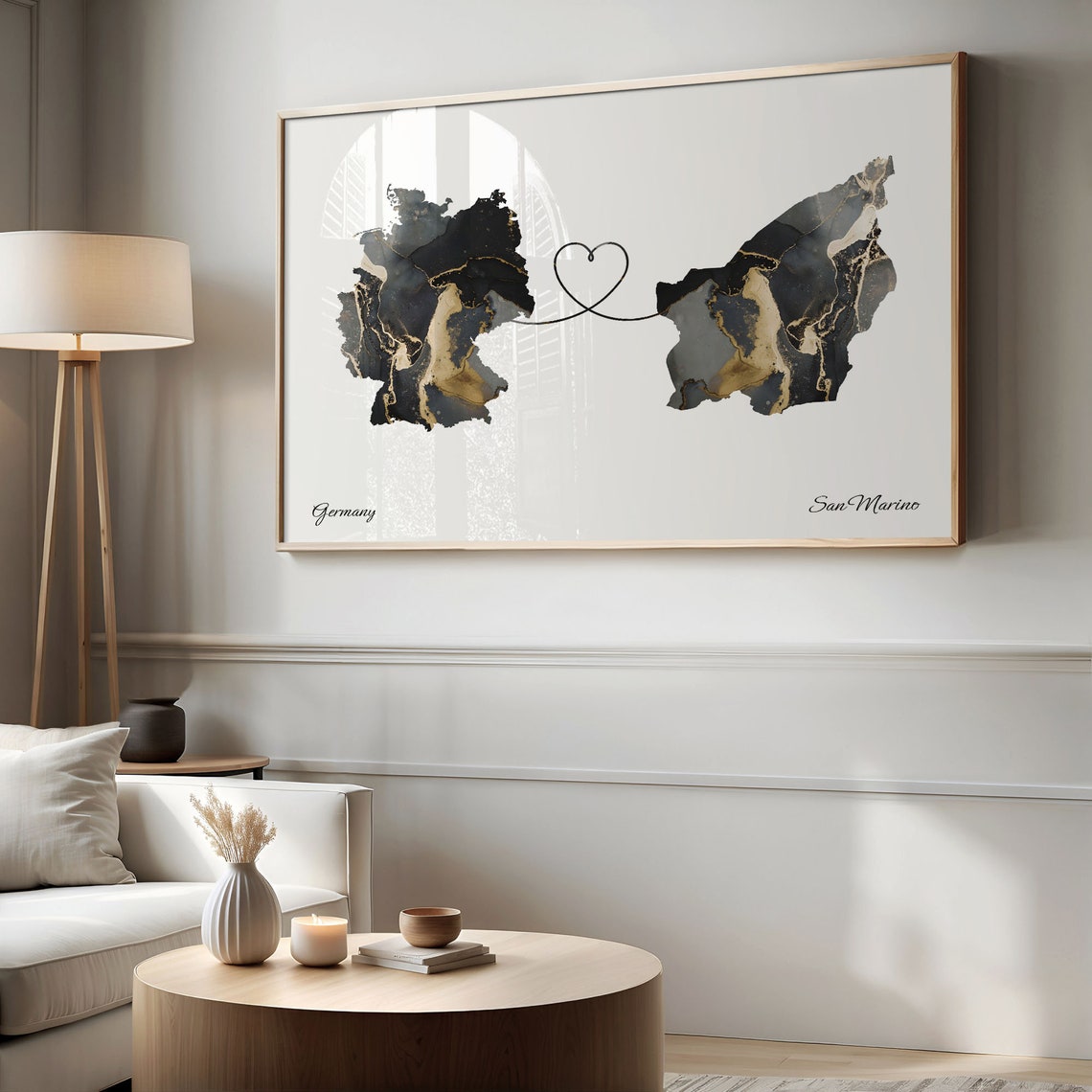 Germany to San Marino Black Gold Marble Heart Map Art Poster - Image 2