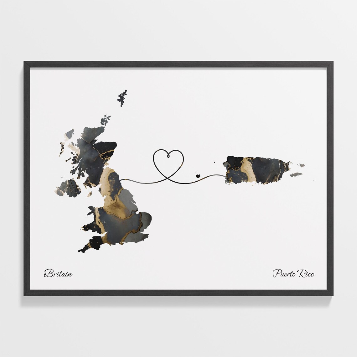 Britain and Puerto Rico Heart Connection Black and Gold Marble Poster