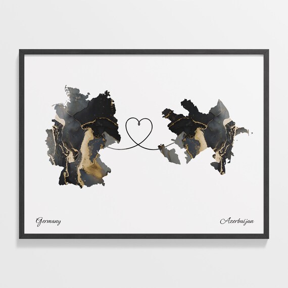 Germany and Azerbaijan Heart Connection Black and Gold Marble Poster