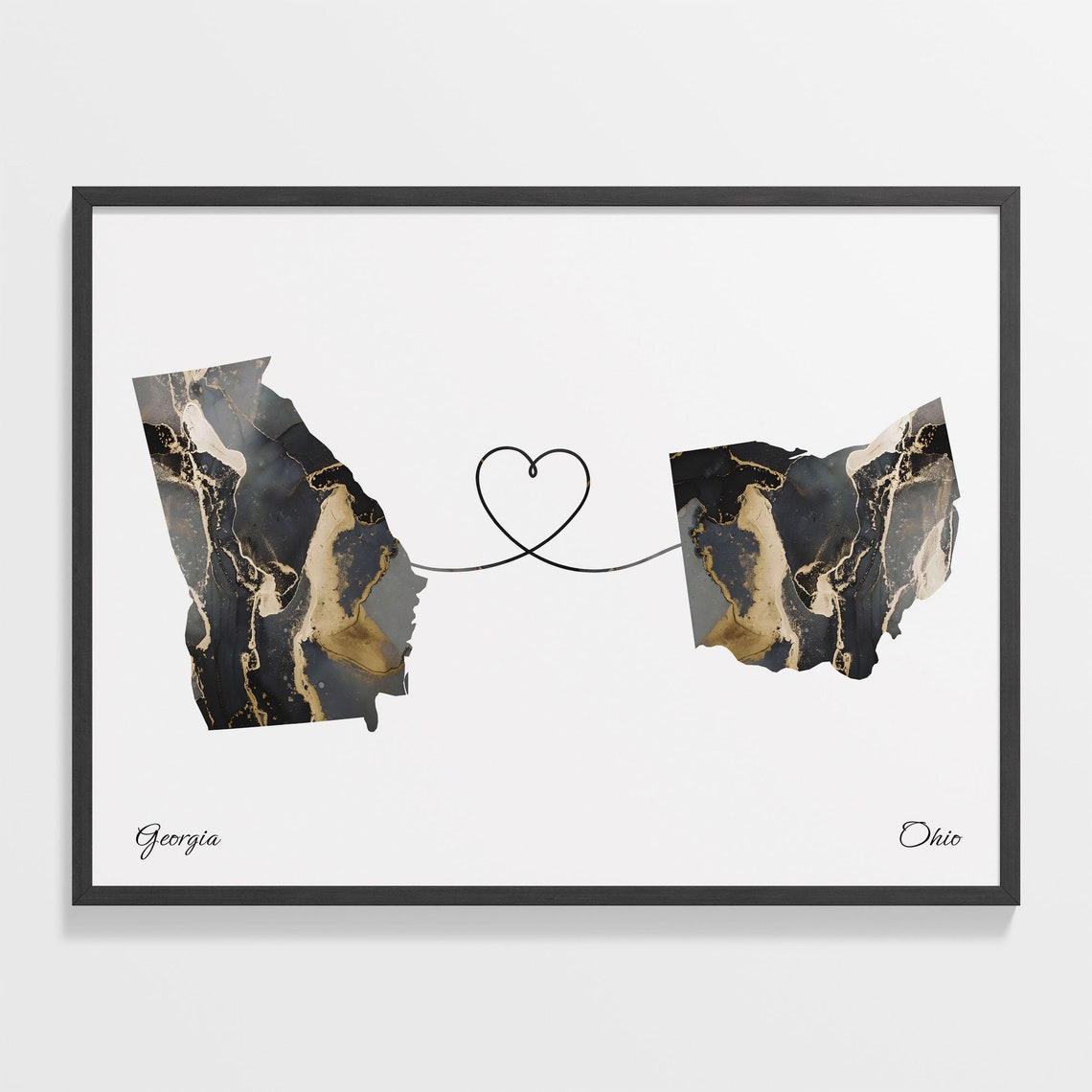 Georgia Ohio Long Distance Black Gold Marble Heart Map Poster