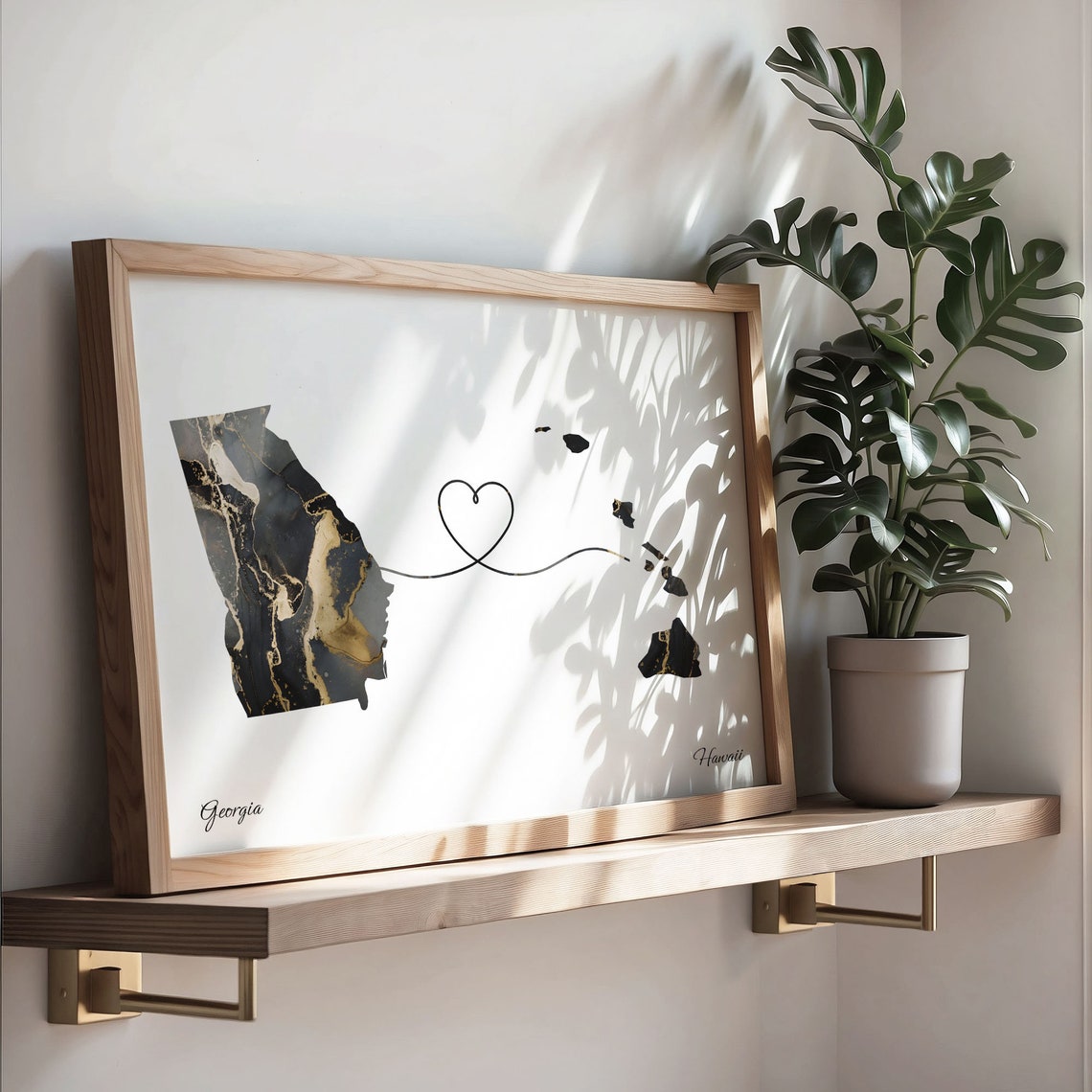 Georgia Hawaii Black Gold Marble Map Art Heart Connection Poster - Image 3