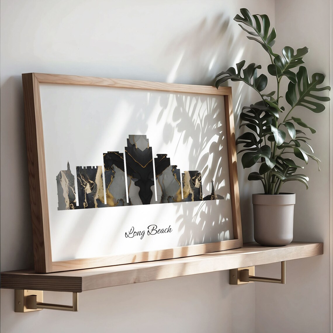 Long Beach Skyline Black and Gold Marble Cityscape Art Poster - Image 3