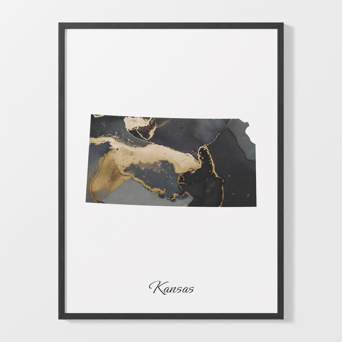 Kansas Black and Gold Marble Silhouette State Map Art Poster